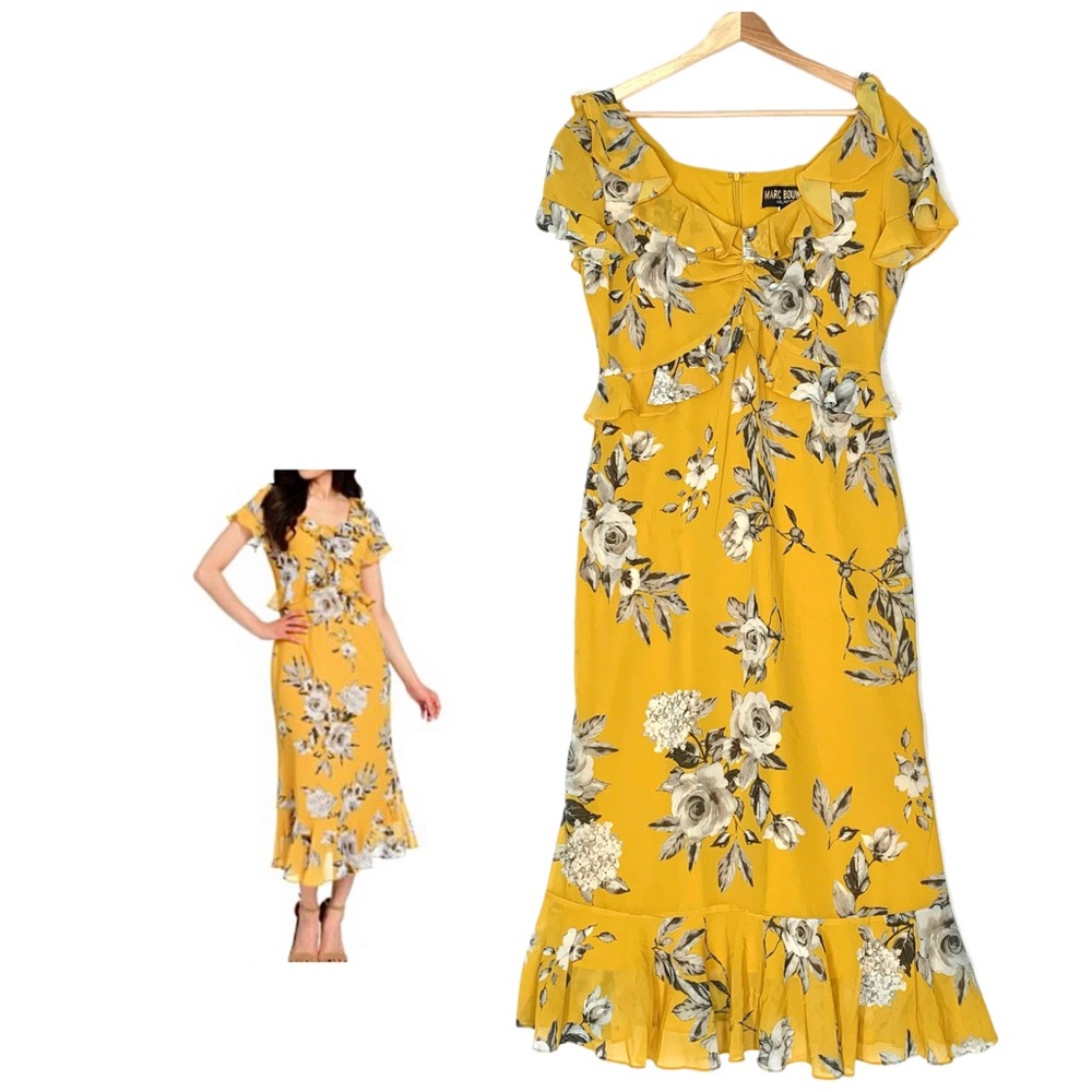 Marc Brouwer Yellow Floral Dress Flutter Sleeves Ruffles Size Medium Feminine
